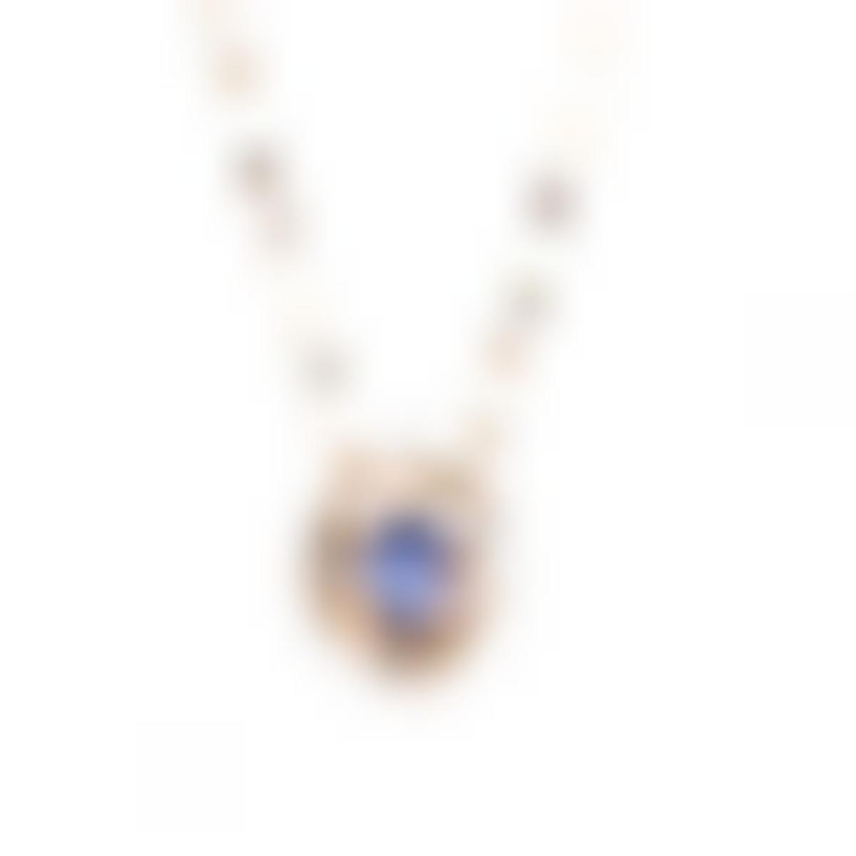 Vintage yellow gold Beverley K necklace set with a blue gemstone surrounded by diamonds and pearls.