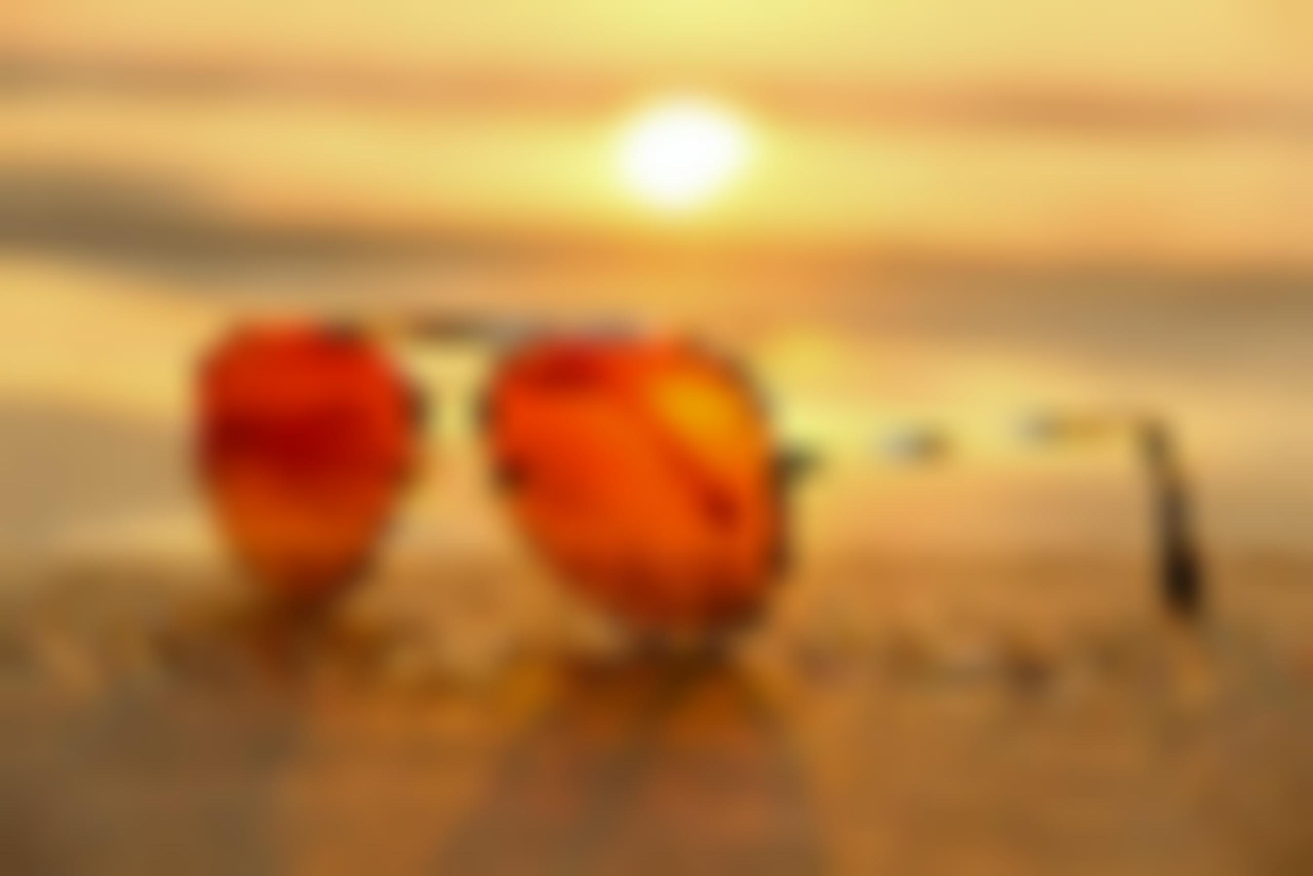 Rose colored aviator sunglasses in the sand with a beach sunset background.