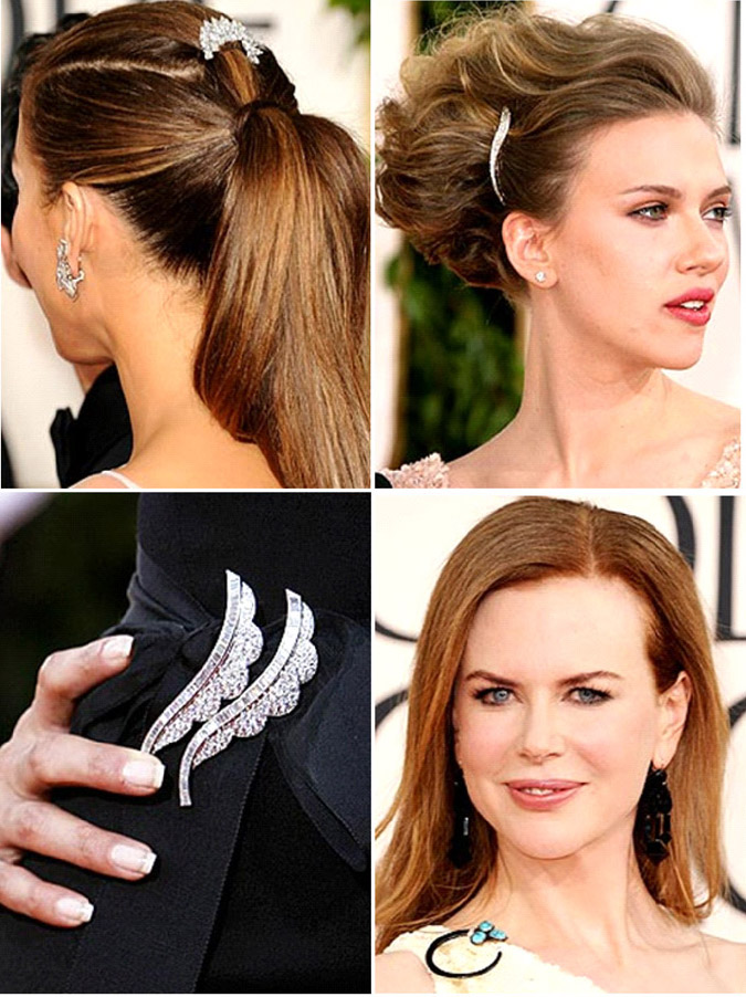 Collage of three women with different hairstyles and jewelry.