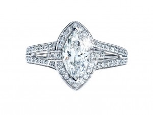 White gold split shank diamond engagement ring with diamonds in the bands.