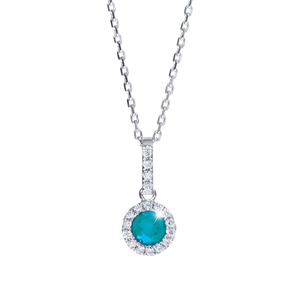 White gold pendant centered with aquamarine surrounded by a diamond halo and
diamond bail.