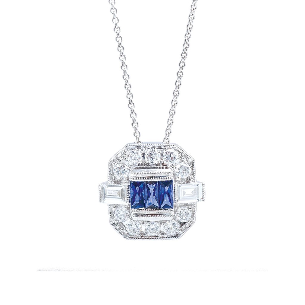 Vintage white gold Art Deco Beverly K necklace set with blue sapphires and diamonds.