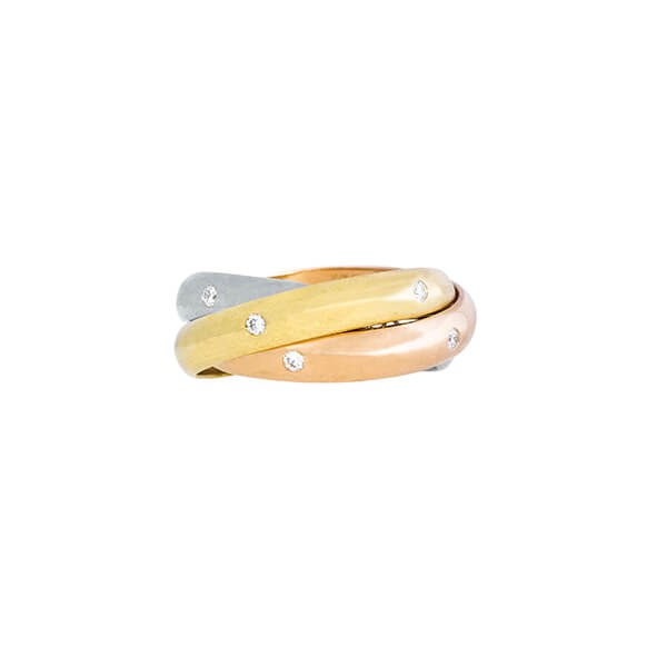 Vintage yellow, white, and rose gold Cartier diamond Rolling Ring.