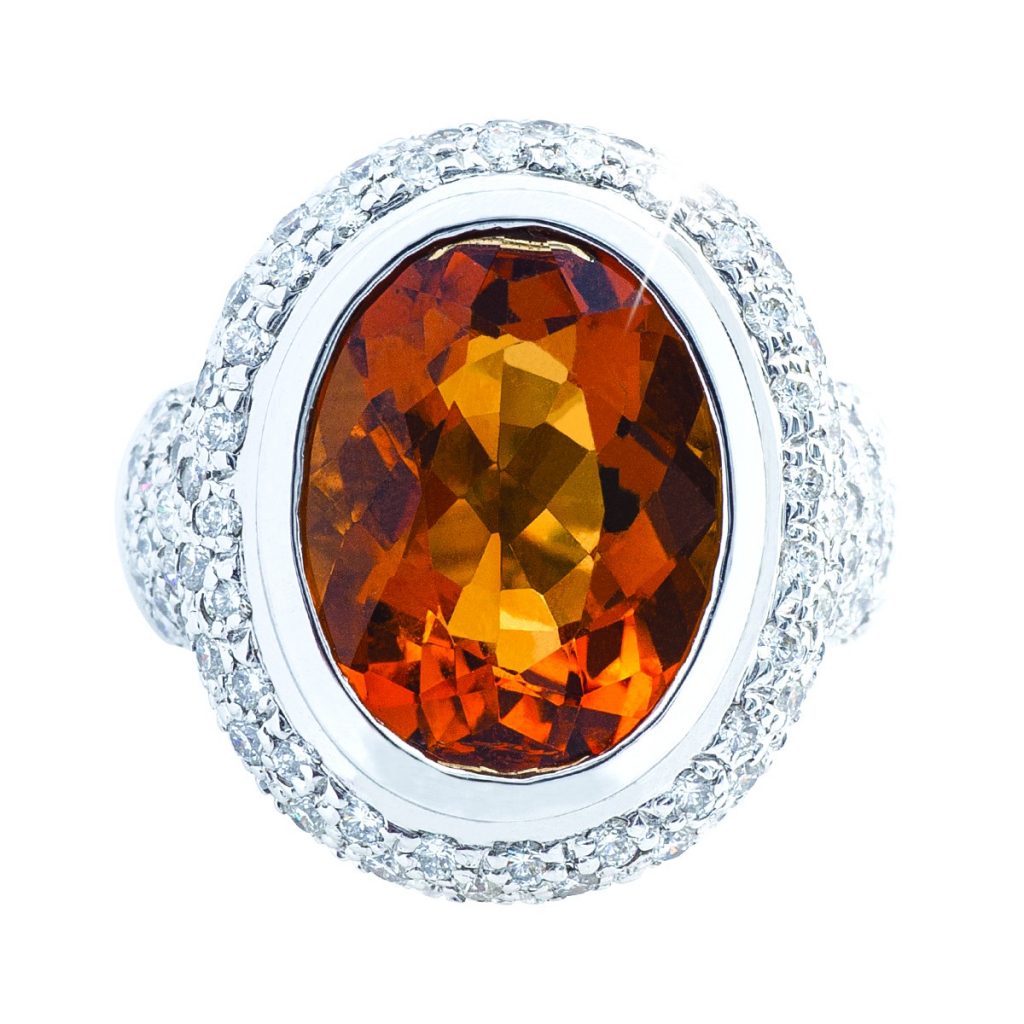 White gold freeform citrine and diamond ring.