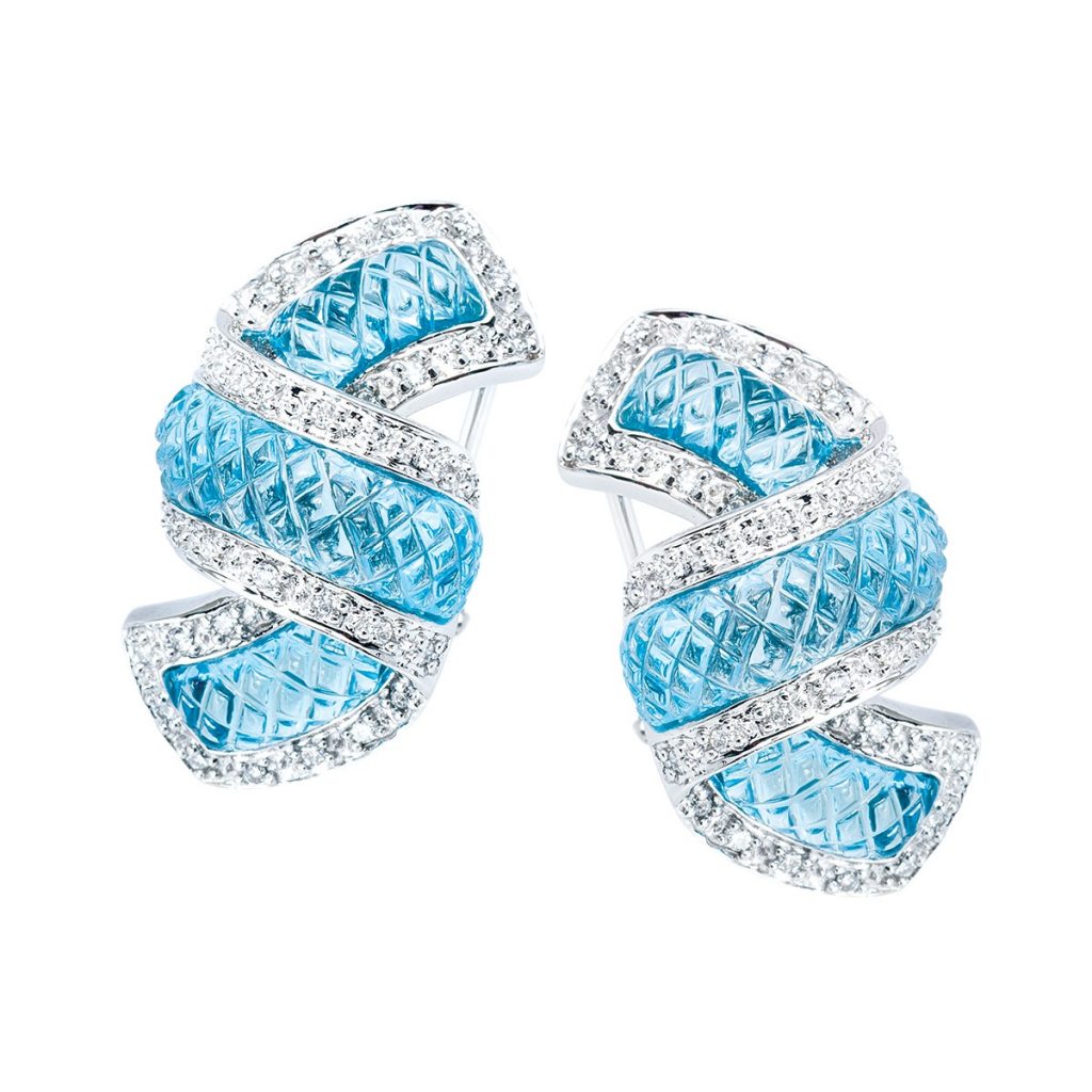 White gold blue topaz and diamond twist stud earrings.