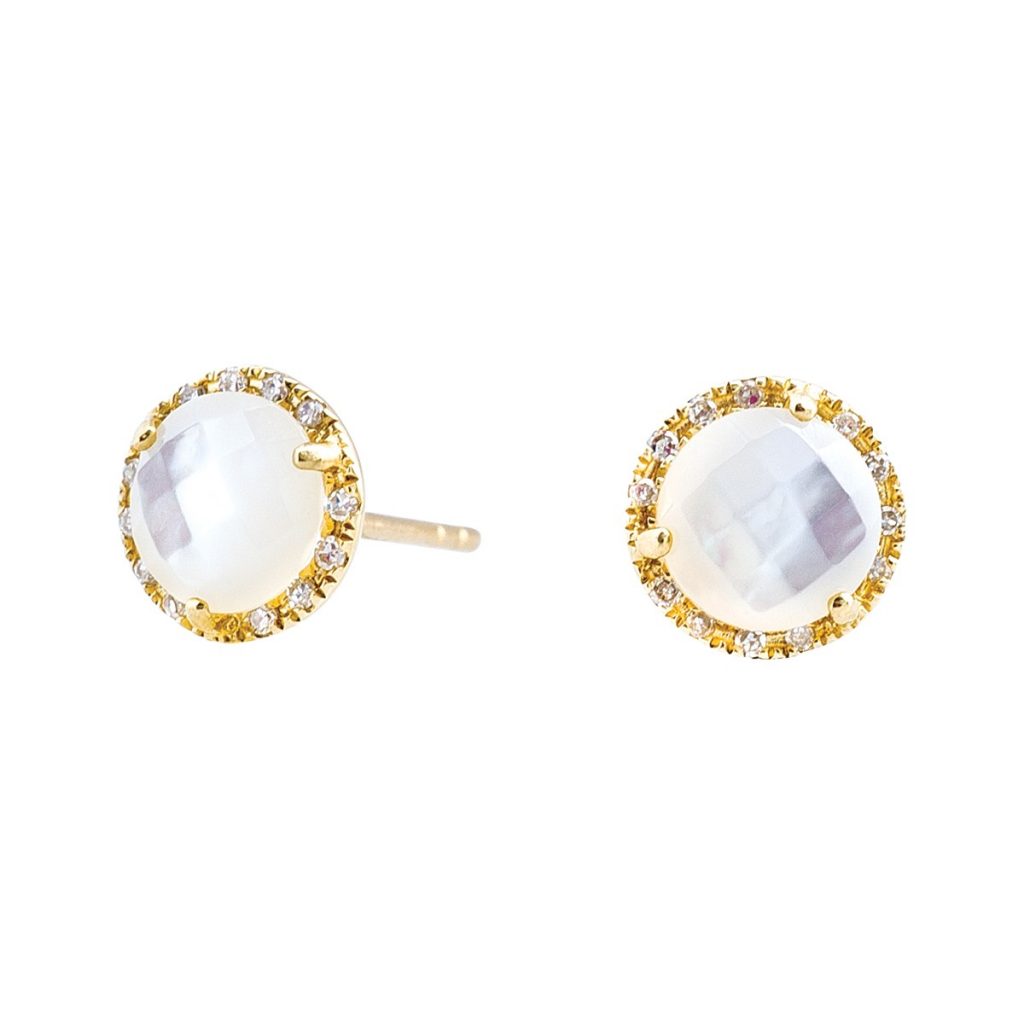 Yellow gold stud earrings centered with white pearls and diamond haloes.