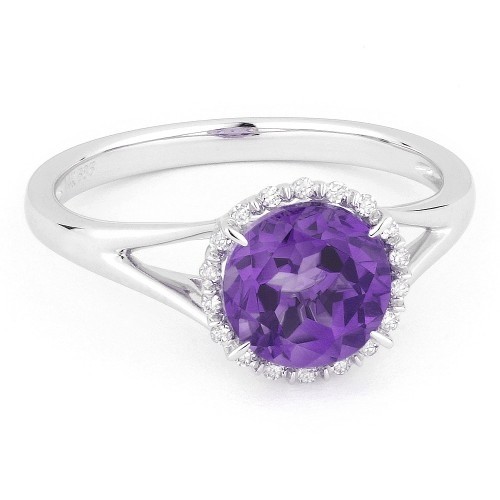 White gold split shank ring centered with amethyst and a diamond halo.