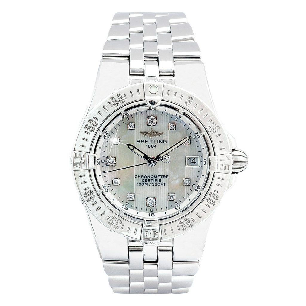 Pre-owned women’s Breitling 1884 in stainless steel with a diamond mother-of-pearl
dial.