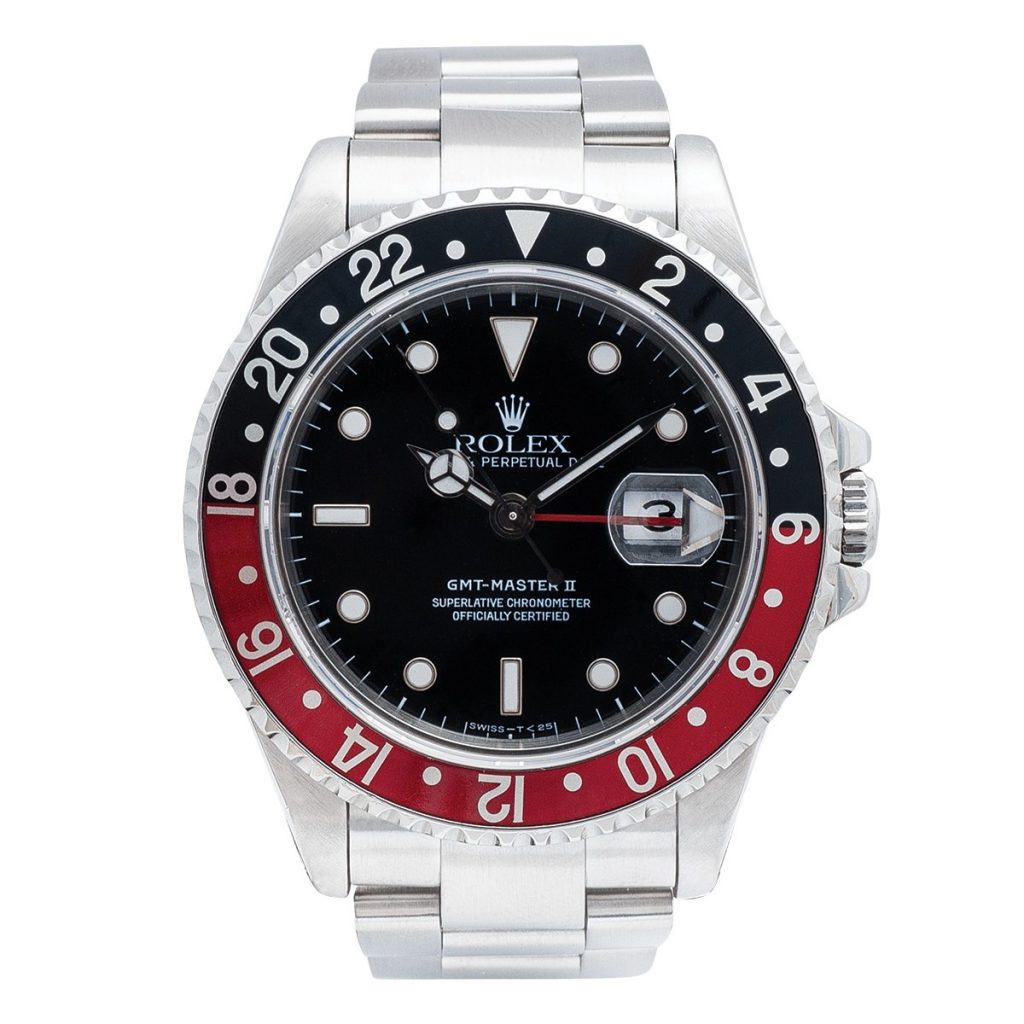 Pre-owned men’s Rolex GMT-Master II in stainless steel with a black and red bezel and a
black dial.