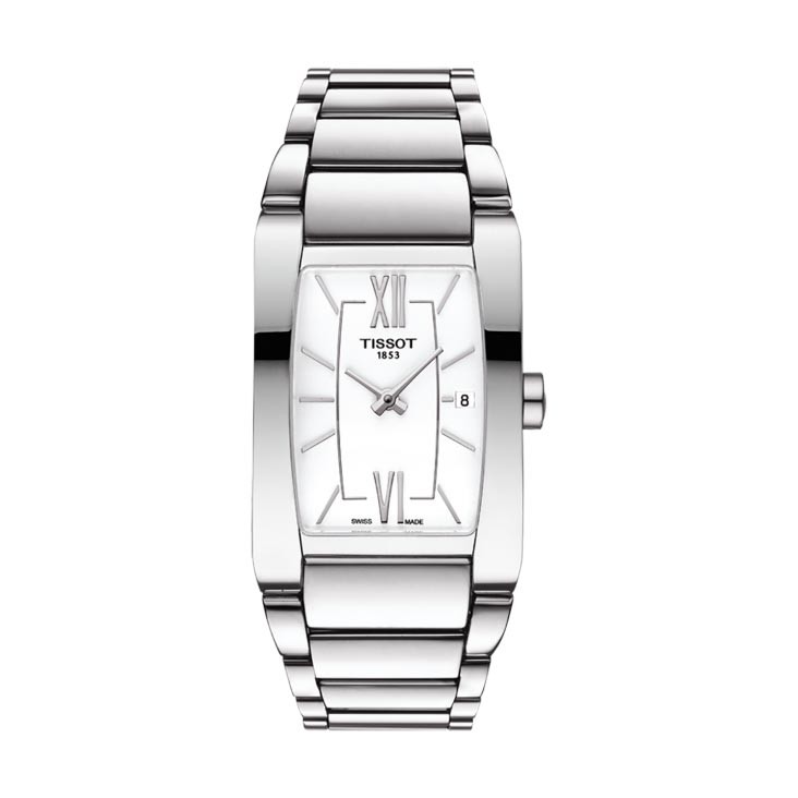 New women’s Tissot in stainless steel with a white roman numeral dial.