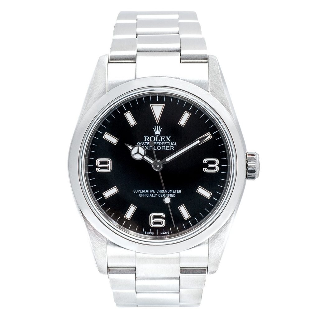 Pre-owned men’s Rolex Explorer in stainless steel with a black dial.