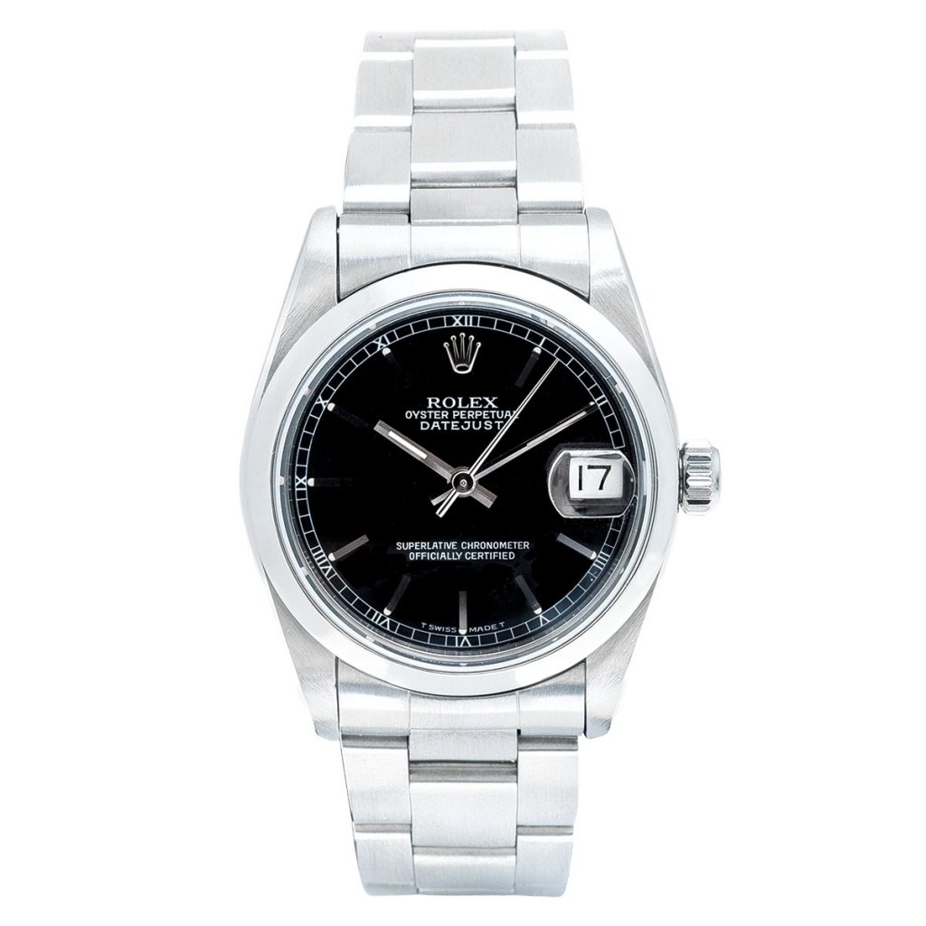 Pre-owned men’s Rolex Datejust in stainless steel with a black dial.