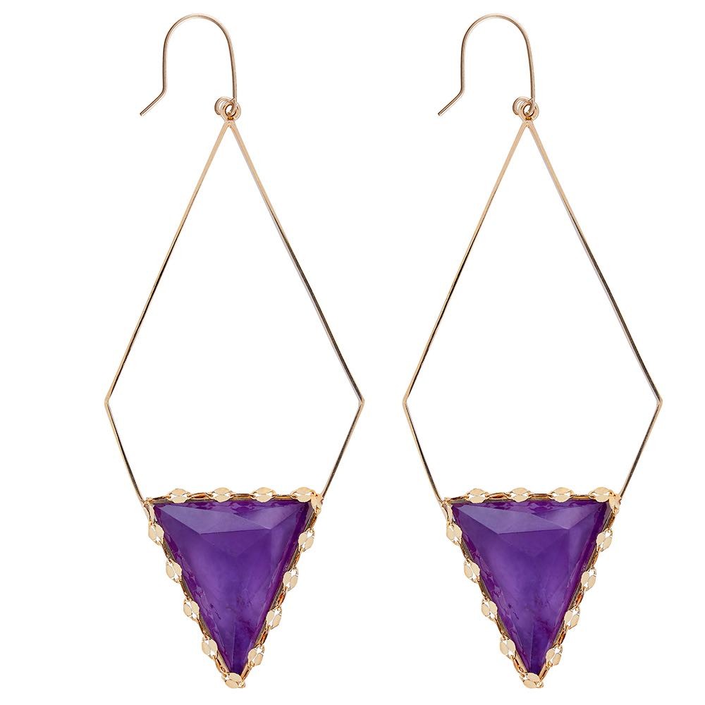 Yellow gold triangle drop earrings set with amethyst.