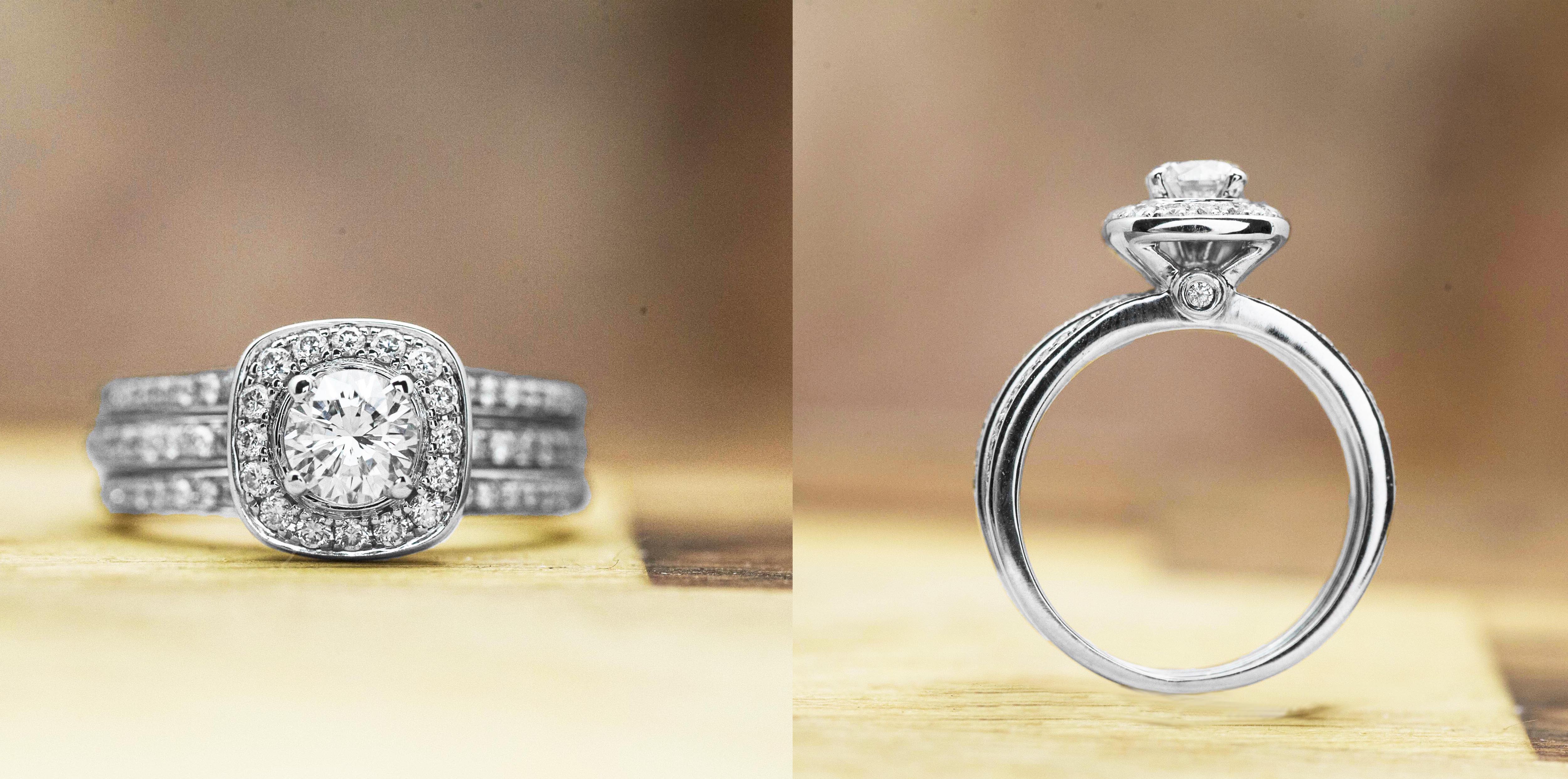 Two images of white gold three-row cathedral diamond engagement ring.