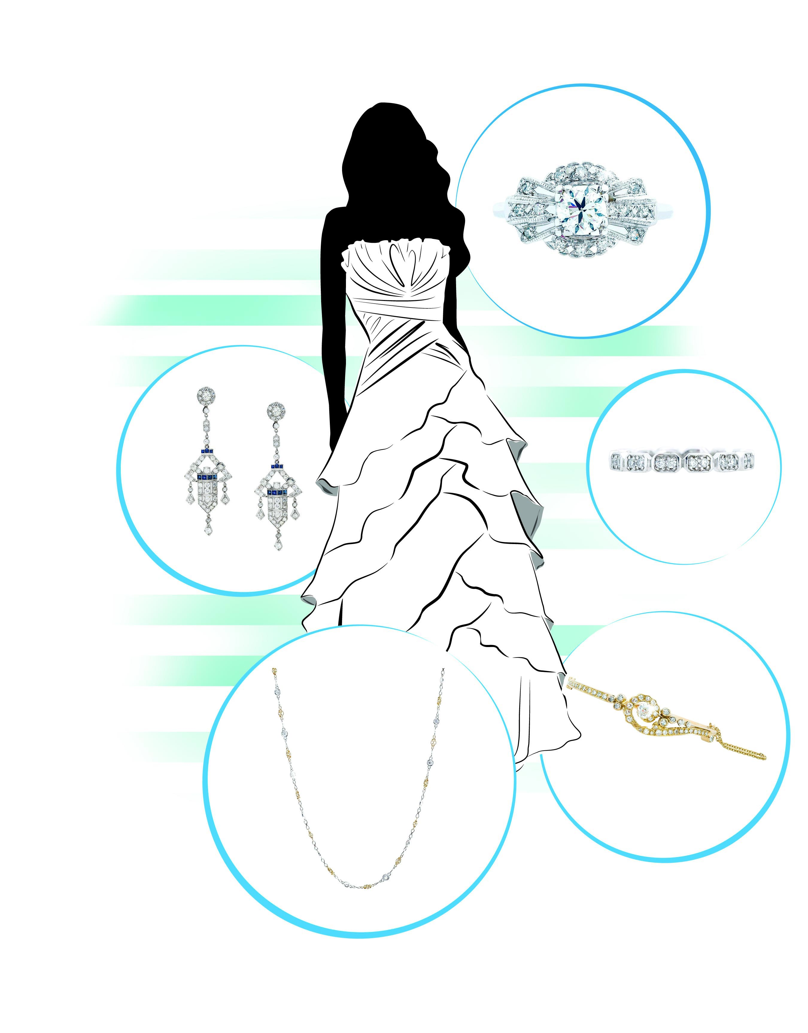 Bride silhouette with styled jewelry featuring an antique white gold diamond engagement
ring, white gold eternity band, platinum chandelier diamond and sapphire earrings,
yellow gold diamond bangle, and a simple rose gold and platinum gold chain.