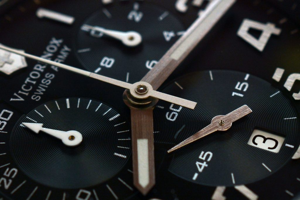 Close-up view of a black watch dial.