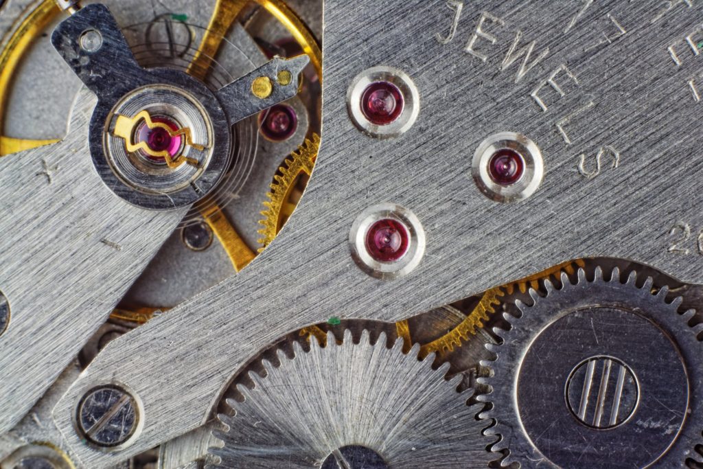 Close-up view of the inside crystal of a watch.