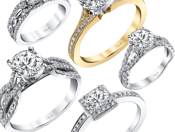 Five new Venetti engagement rings in yellow gold and white gold all centered with diamonds and with diamonds in the bands.