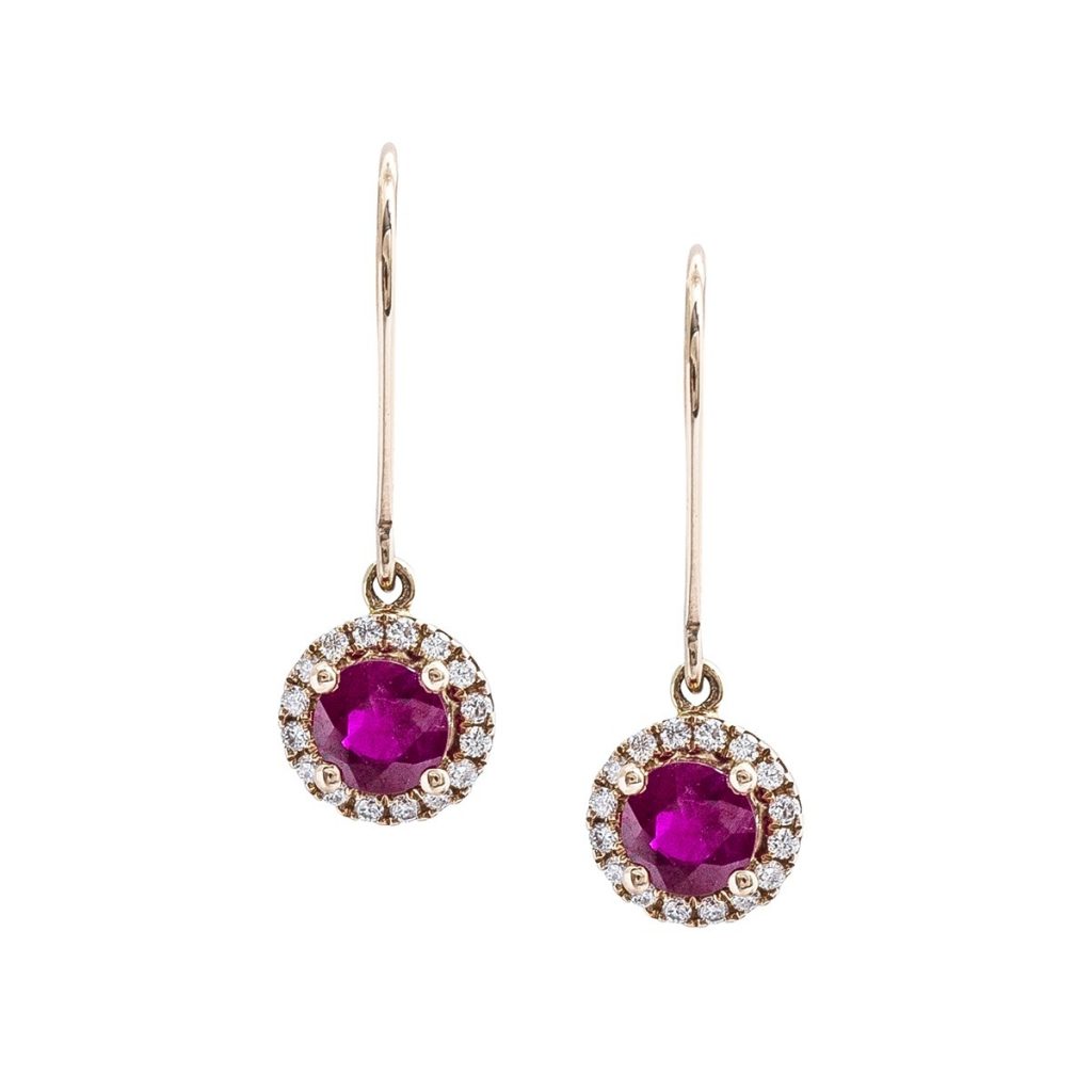 image of July birthstone and diamond halo dangle earrings