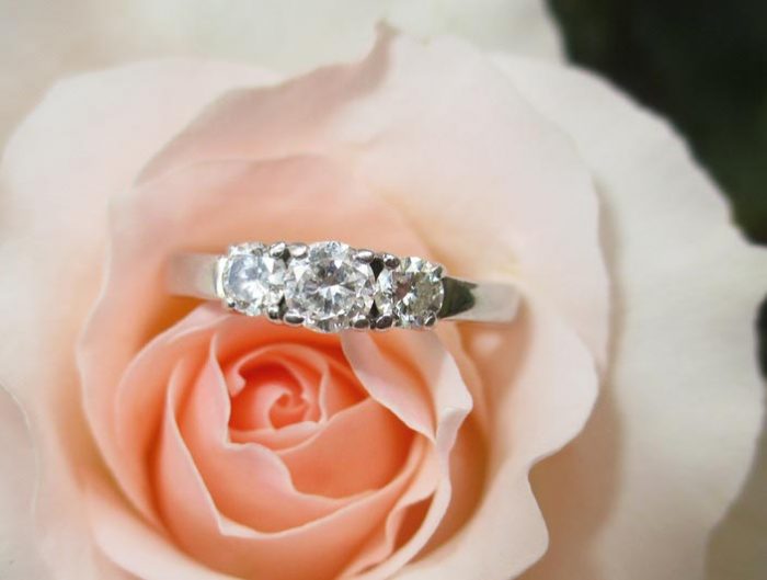 Three-stone diamond engagement ring placed on a pink rose.