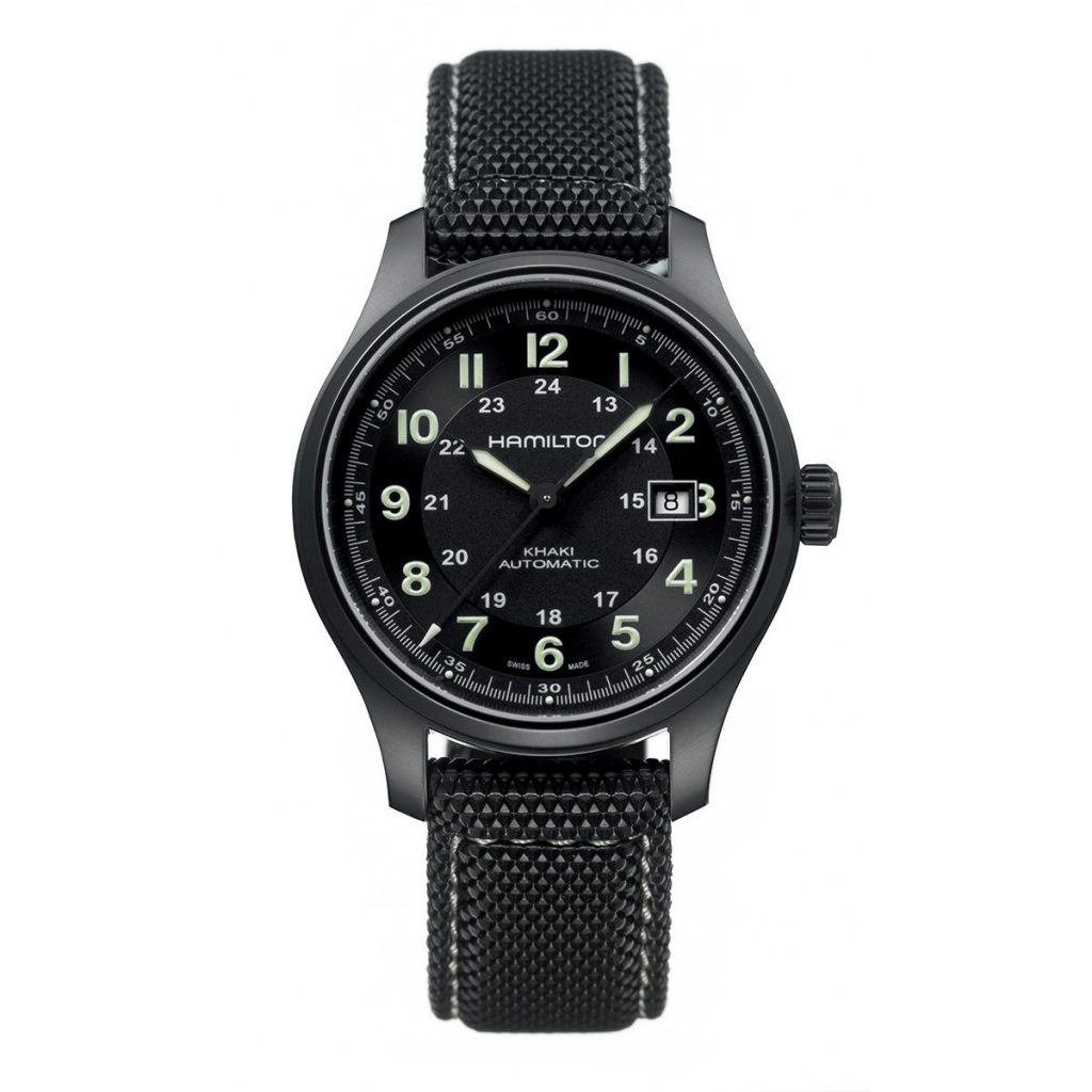 New men’s Hamilton in black PVD with a black leather strap and automatic movement.