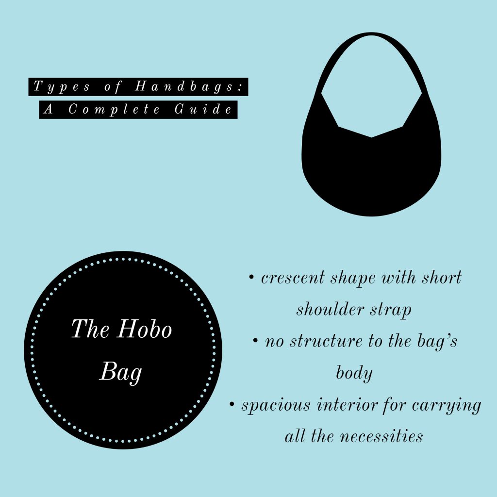 Blue background with text Types of Handbags: A Complete Guide. The Hobo Bag. Crescent shape with short shoulder strap. No structure to the bag’s body. Spacious interior for carrying all the necessities.