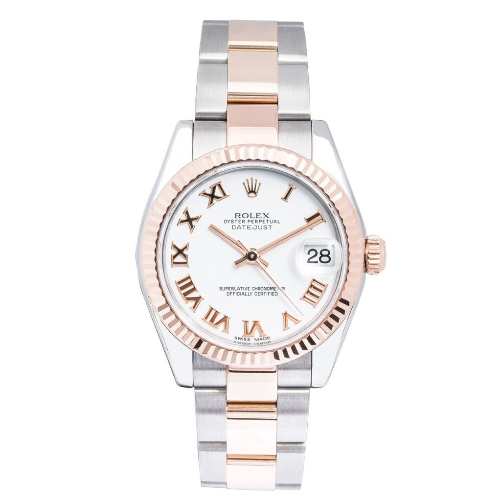 Pre-owned women’s Rolex Datejust in rose gold and stainless steel with a roman numeral dial.