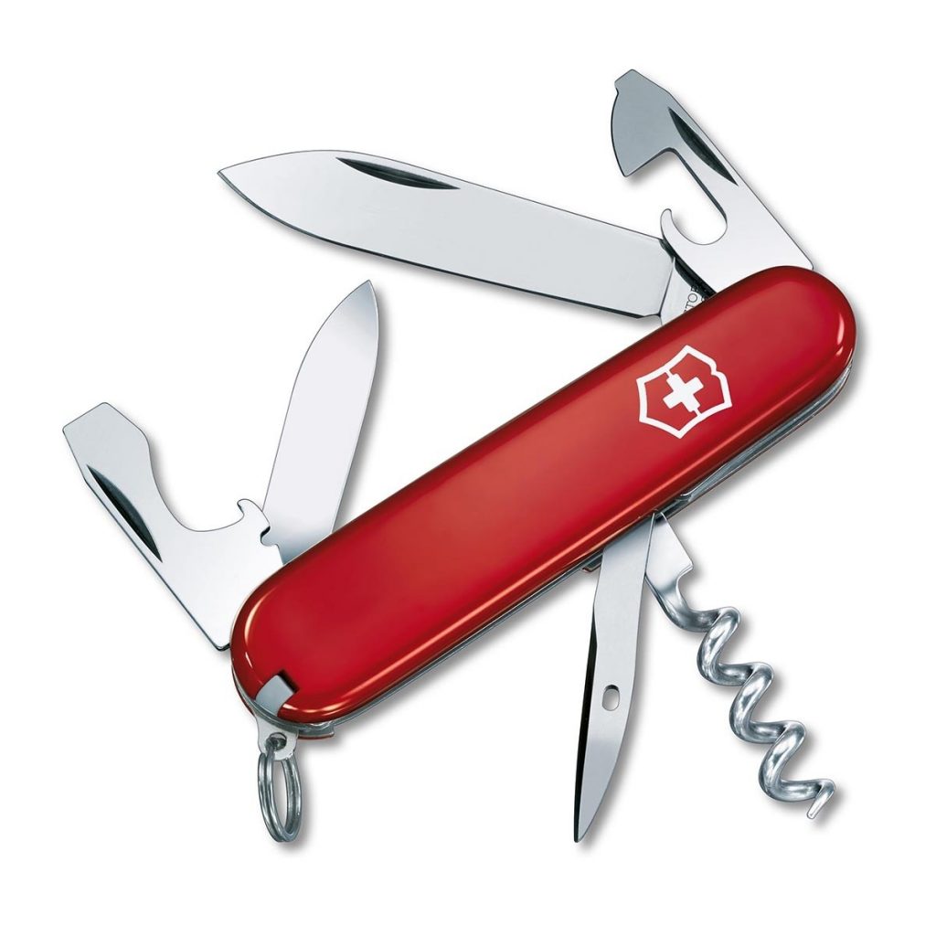 Victorinox Swiss Army ten-function pocketknife in red.