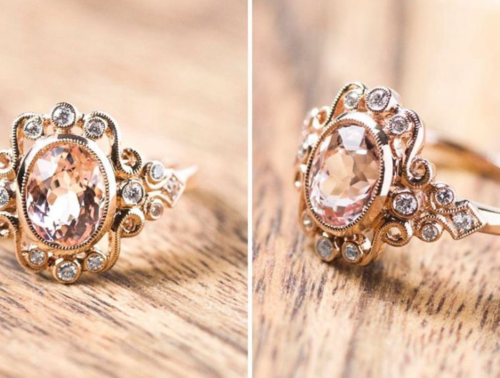 Group of two images of a rose gold engagement ring centered with morganite surrounded by a filigree swirl band set with diamonds.