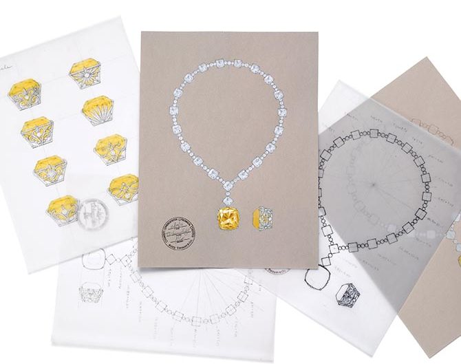 Various diagrams and drawings of the Tiffany Yellow Diamond necklace and setting.