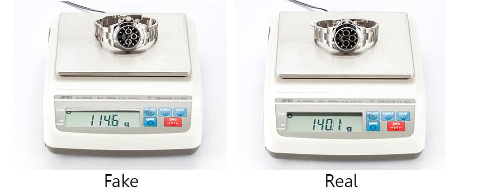 Two images showing weight difference between a real Rolex and a fake one with text,
“Fake/Real”.