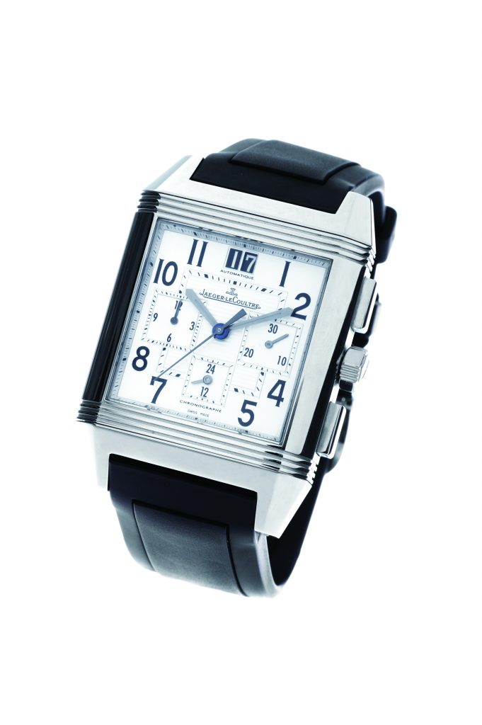 Pre-owned men’s Jaeger LeCoultre in stainless steel with a black rubber strap.