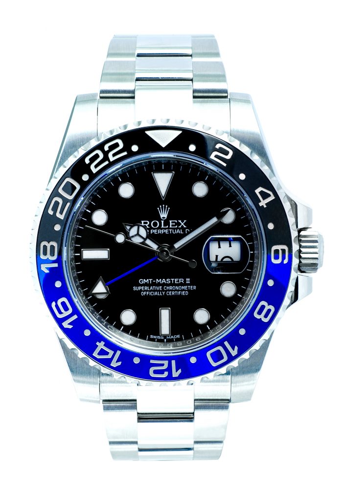 Pre-owned men’s Rolex GMT-Master II in stainless steel with a blue and black bezel and black dial.