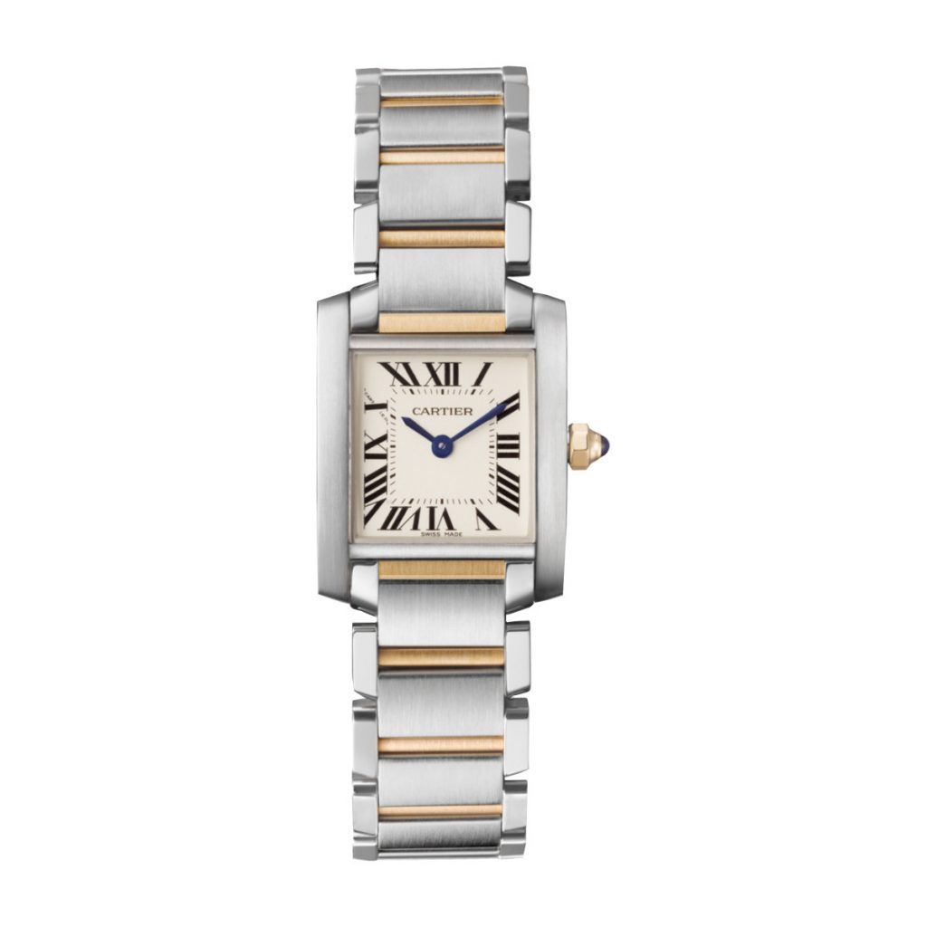 Pre-owned men’s 28mm Cartier Tank Francaise in yellow gold and stainless steel with a
sapphire crystal and quartz movement.