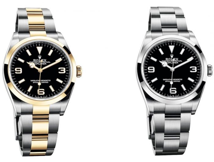 Two pre-owned men's Rolex Explorer's in stainless steel and yellow gold with black dials.