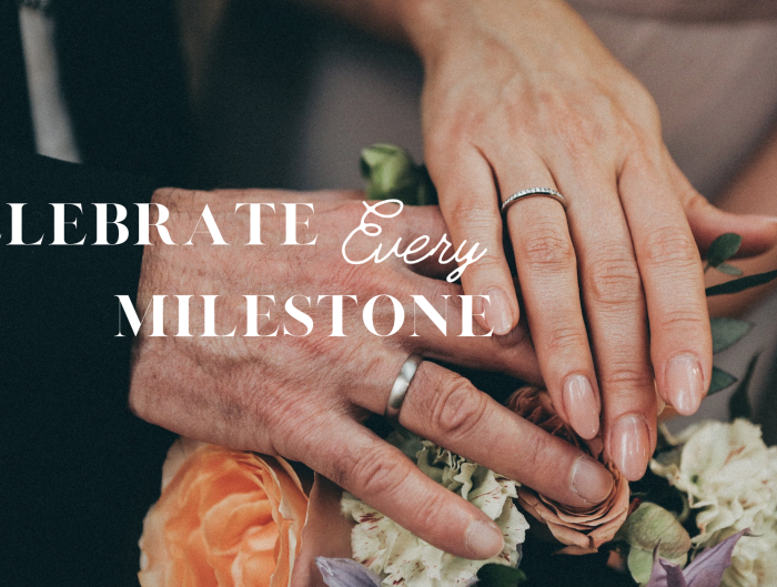 Older couple’s hands over floral bouquet showing anniversary rings with text “Celebrate Every Milestone”.