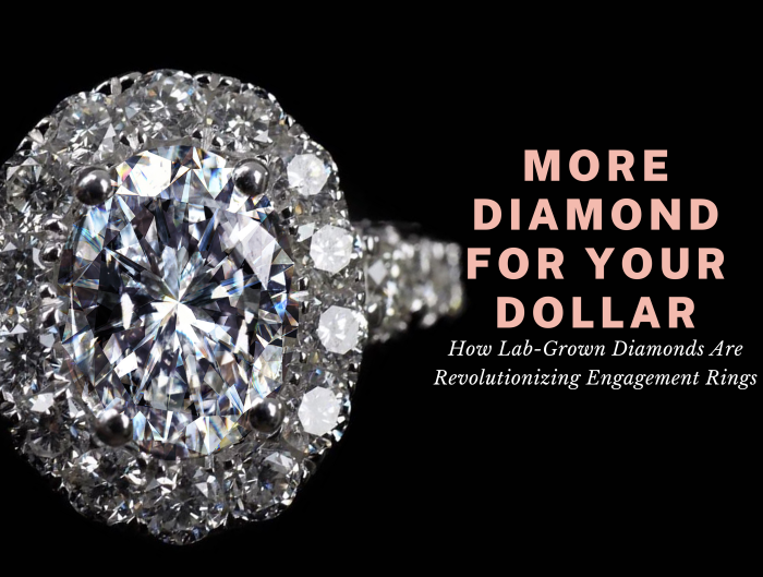Diamond engagement ring on black background with text “More Diamond For Your Dollar. How Lab-Grown Diamonds Are Revolutionizing Engagement Rings”.