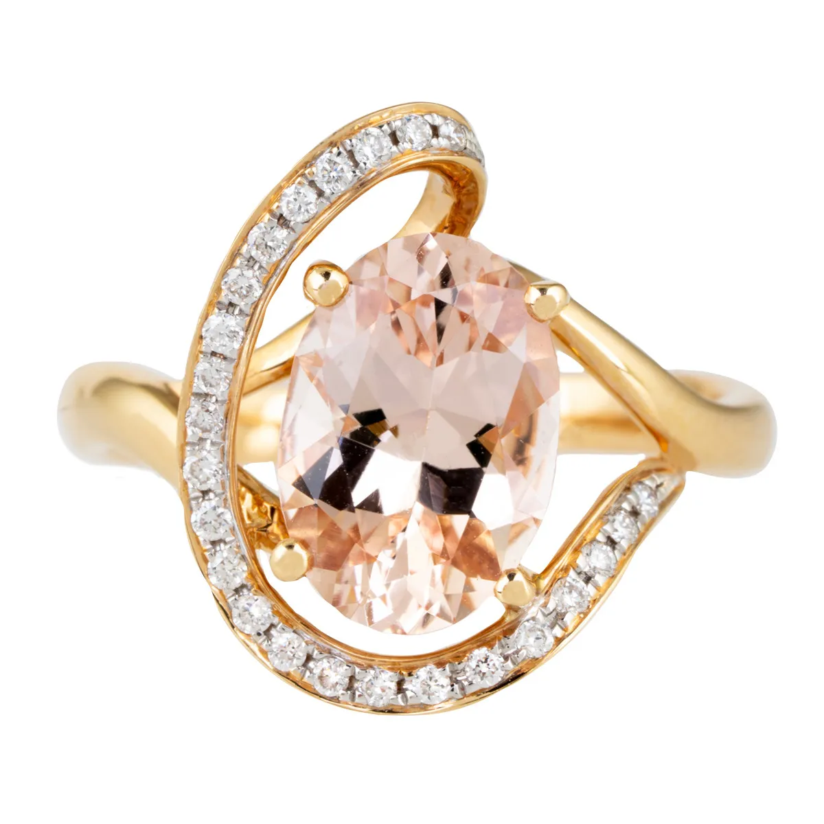 Yellow gold freeform morganite engagement ring with diamonds in the band.