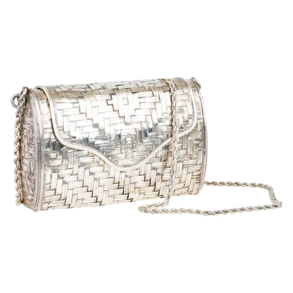 Vintage wallet-on-chain shoulder bag with a silver glitter exterior.