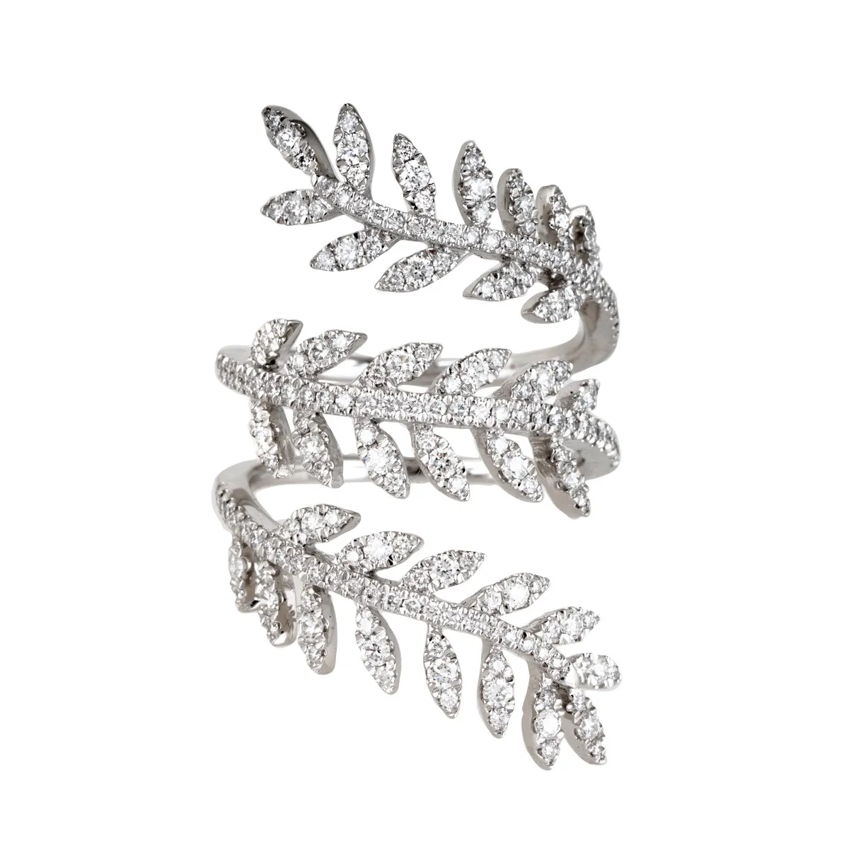 White gold open vine three-row diamond ring.