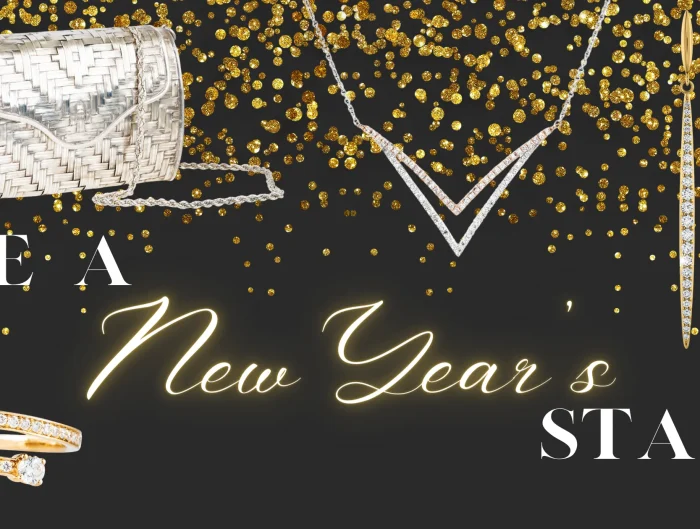 Handbag, necklace, earrings, and ring on a black and gold glitter background with text “Be a New Years Star”.