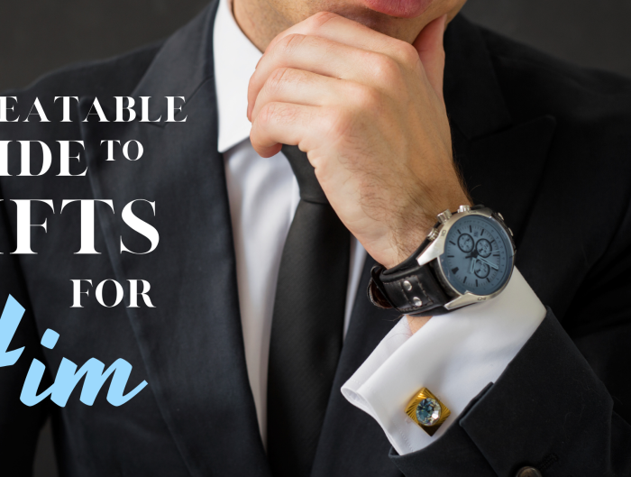 Man in black suit wearing luxury watch with text “The Unbeatable Guide to Gifts For Him”.