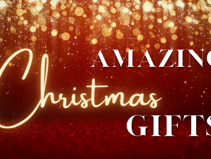 Red and gold glitter background with text “Amazing Christmas Gifts”.