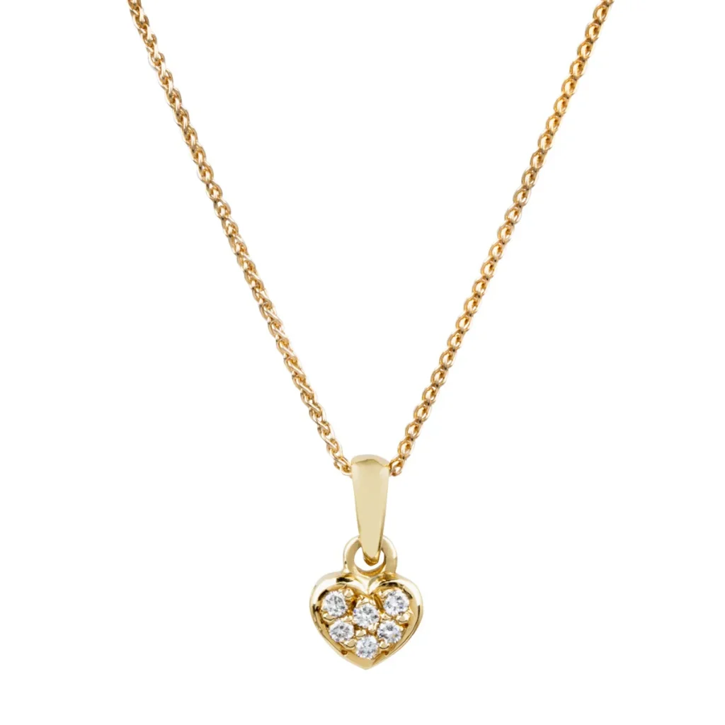 Yellow gold heart pendant set with diamonds.