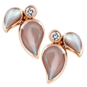 Vintage rose gold Na Hoku stud earrings set with diamonds and mother-of-pearl inlays.