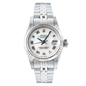 Pre-owned women’s 26mm Rolex Datejust in stainless steel with a mother-of-pearl dial, sapphire crystal, and automatic movement.