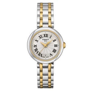 New women’s 26mm Tissot Bellissima in stainless steel and yellow gold with a sapphire crystal and quartz movement.