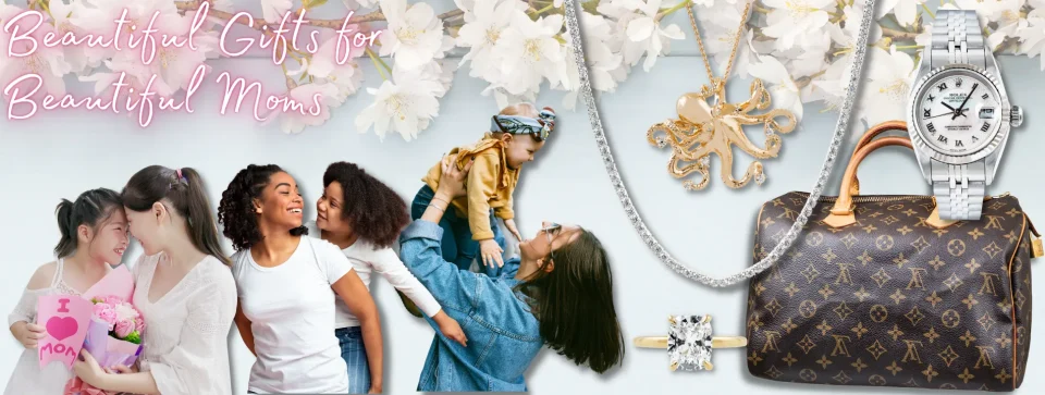 3 Moms with children and various women’s accessories on white floral background with text “Beautiful Gifts for Beautiful Moms”.