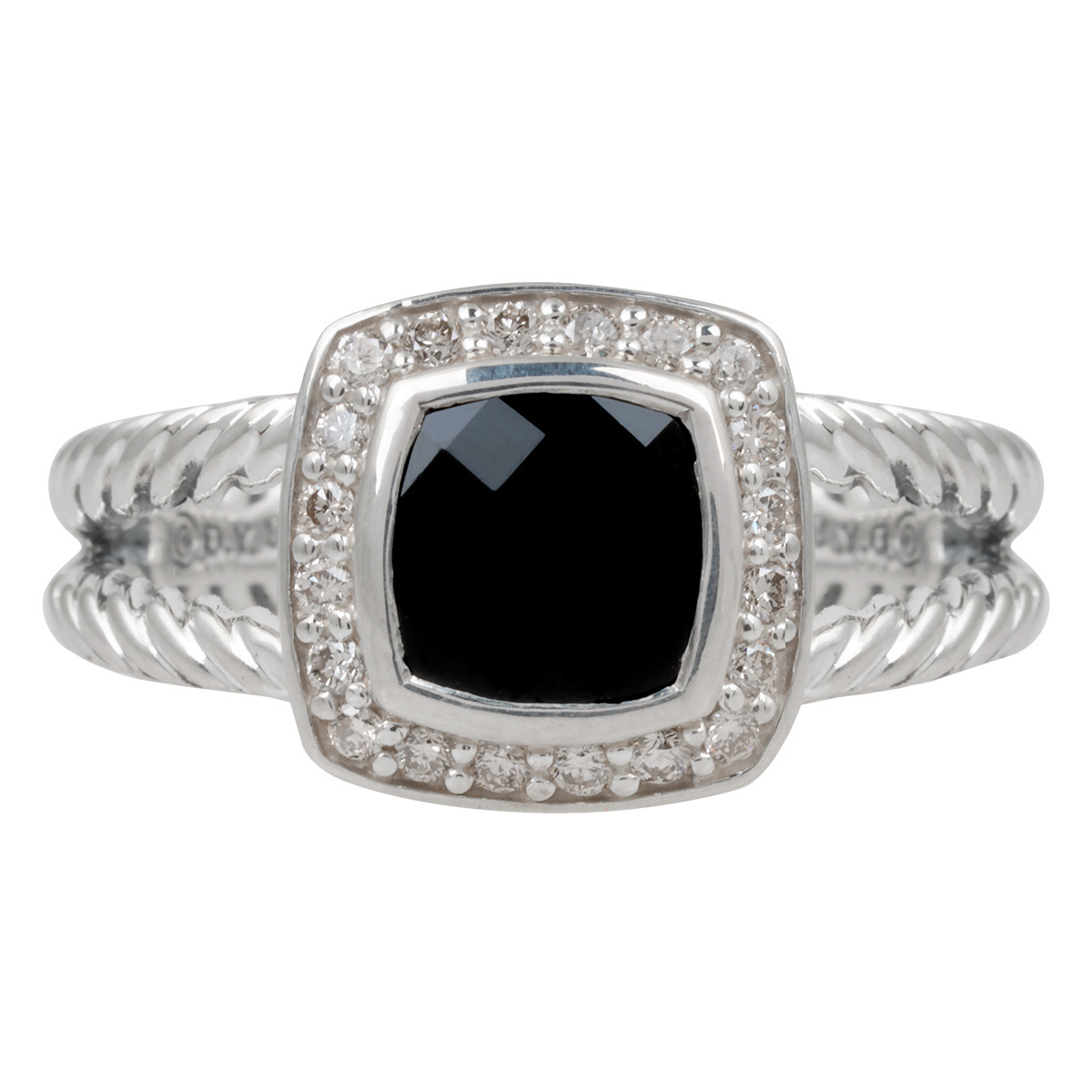 Vintage sterling silver David Yurman Albion ring set with black onyx and a diamond halo.