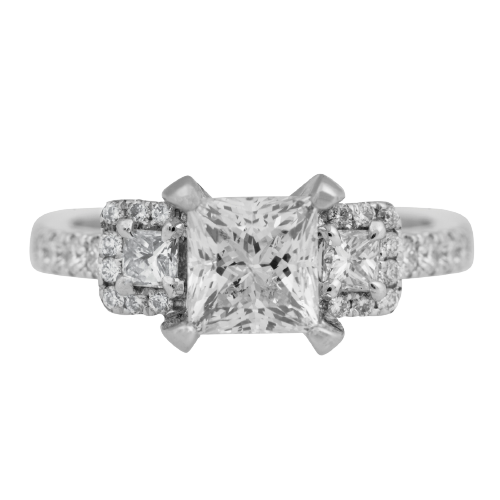 Platinum three-stone diamond engagement ring.